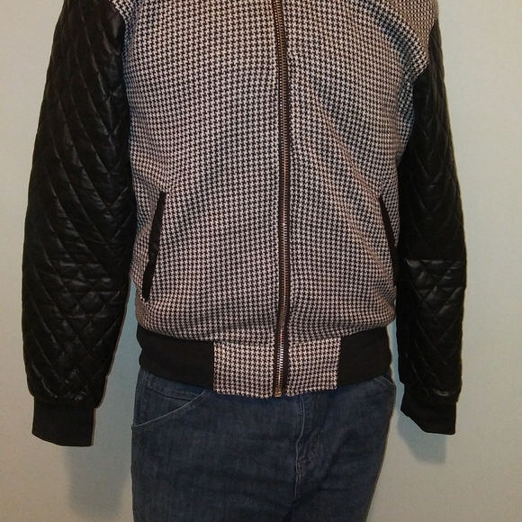 New Zara Houndstooth Tweed Faux Leather Jacket - Picture 6 of 8